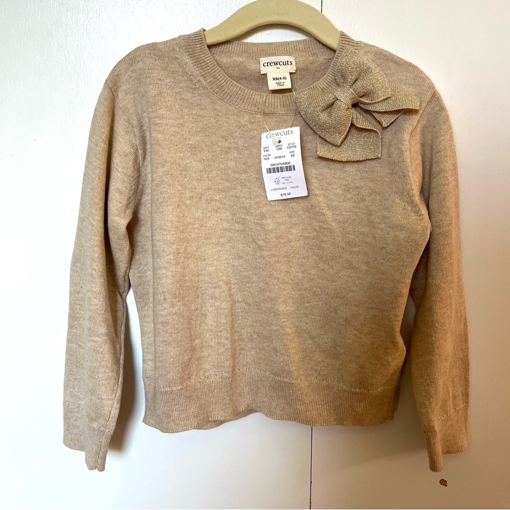 NEW WITH TAGS Crewcuts Girls Size XS (4/5) Tan Beige Metallic Bow Sweater